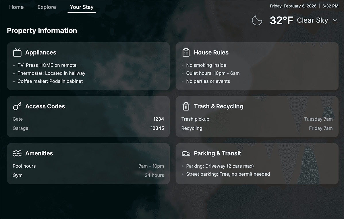 Property information cards for guests